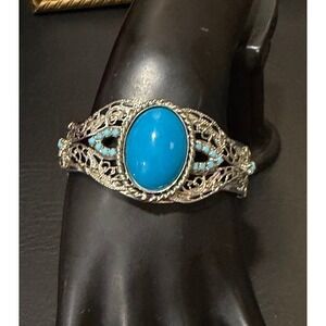Blue Acrylic Stone Filigree Cuff Bracelet Womens Silver Tone Engraved 6.75"